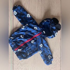 PREOWNED 18 Month blue Mickey wind breaker jacket with hood. 2T mickey shorts